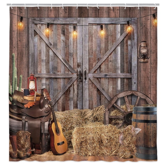Western Cowboy Shower Curtain - Wooden Village Barn Door Bathroom Decor with Hooks, 70x70 Inch
