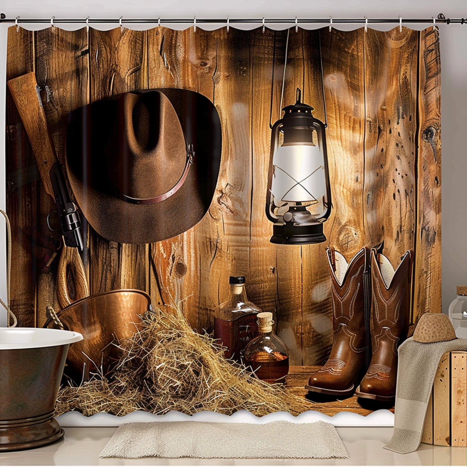 Western Cowboy Bathroom Decor Set with Hat Gun Whiskey Bottle Lasso