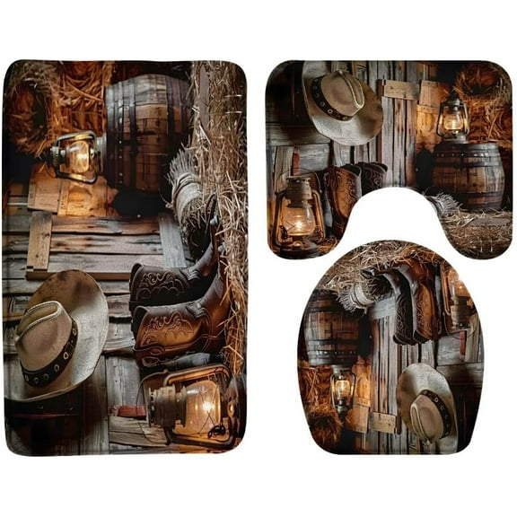 Western Cowboy Bathroom Rug Set of 3,Farmhouse Barn Southwest Country Ranch Cowboy Boots Hat Lamp Rustic Bath Mats Set for Bathroom, Washable Cover Floor Rug Decor