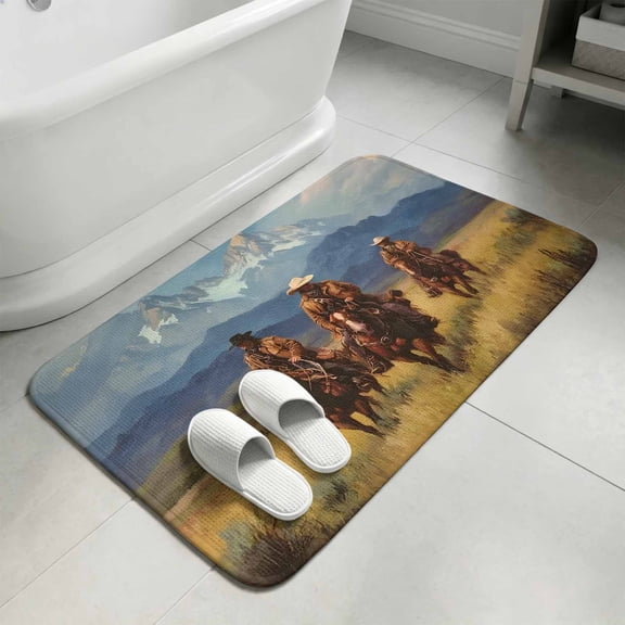 Western Cowboy Bathroom Rugs Non Slip Washable Bath Mat Absorbent Low Pile Front Door Mat Mountain Sky Grass Nature Scenery Indoor Doormat for Kitchen Entryway Shower Decor Accessories 15.7"x23.6"