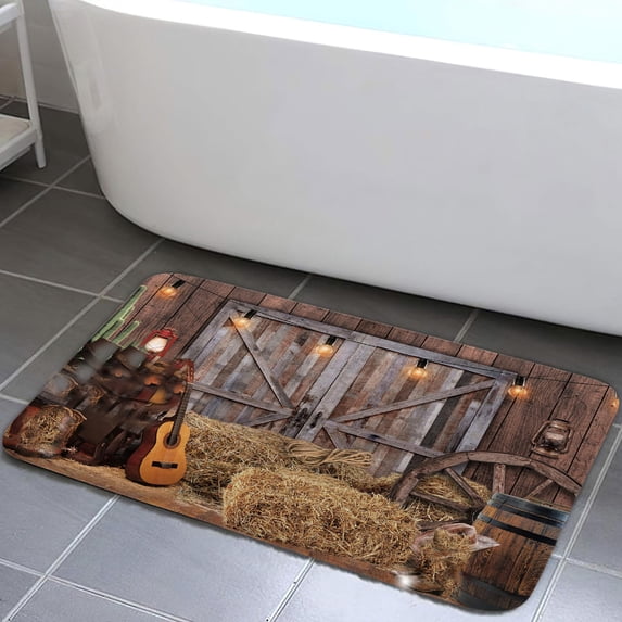 Western Cowboy Bathroom Rugs Wooden Barn Door Flannel Non Slip Mat Rug West Farmhouse Bath Mat 17X29in