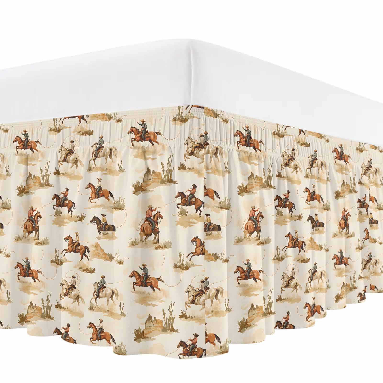 Western Cowboy Bed Skirt King Size, Vintage Country Horse Plants Art Wrap Around Bed Skirting with Adjustable Elastic Strap, Dust Ruffled Pleated Bedskirts 18 Inch Drop for Bedroom King Beds