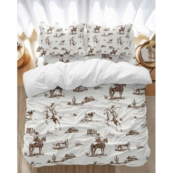 Western Cowboy Bedding Duvet Cover Set Twin Size 4 Pieces Retro Brown Desert Ethnic Horse Bedding Set with Zipper Closure, 1 Comforter Cover 68x86 Inches 1 Flat Sheet & 2 Pillow Cases