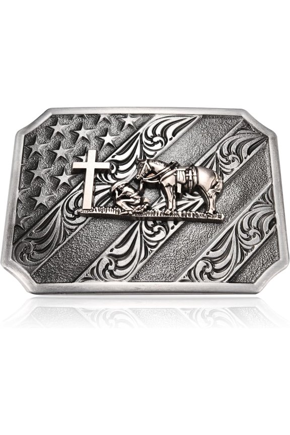 Western Cowboy Belt Buckle for Men, Horse Cross Prayer Star Rodeo Belt Buckle