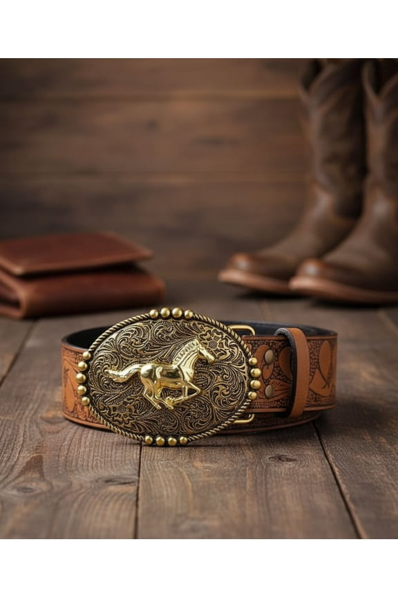 Western Cowboy Belt Men's Longhorn Bull Big Buckle Engraved Adjustable Leather Strap for Jeans Casual 33" to 37" Waist Adjustable,Brown Horse