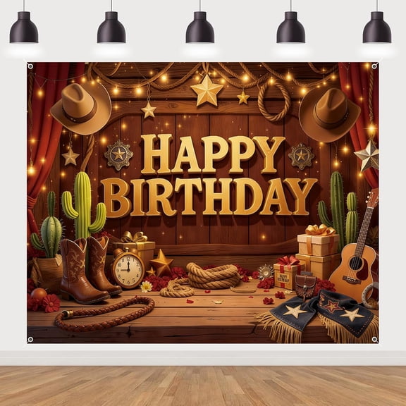 Western Cowboy Birthday Backdrop Rustic Wood Barn Cactus Wild West Cowgirl Happy Birthday Background Party Decorations Banner Photo Booth Props