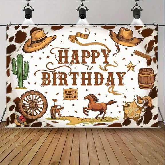 Western Cowboy Birthday Backdrop Wild West Rodeo Happy Birthday Photography Background Cacti Brown Cow Print Birthday Baby Shower Party Decorations Banner Supplies Photo Booth Props