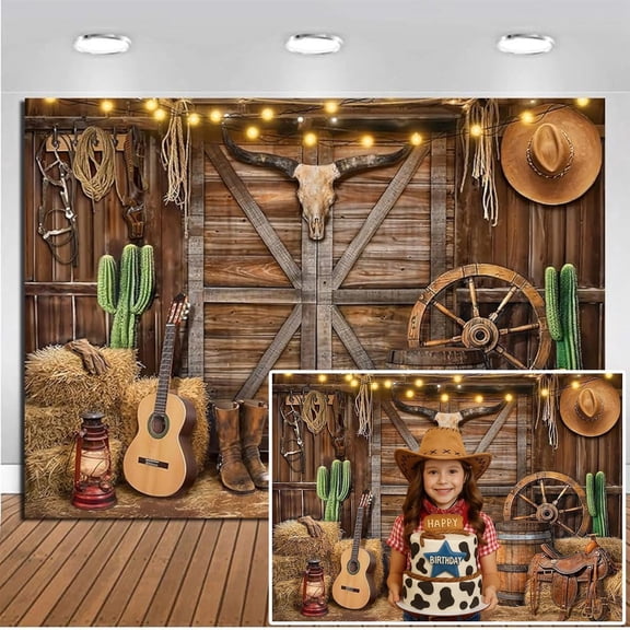 Western Cowboy Birthday Backdrop Wild West Rustic Wooden Barn House Happy Birthday Background Party Decorations Banner Photo Booth Props