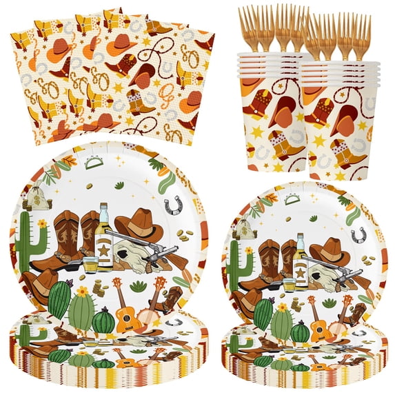 Western Cowboy Birthday Party Decorations - AFN1120Pcs Western Cowboy Paper Plates and Napkin Cup Forks Disposable Tableware Set for Baby Shower Wild West Party Supplies | Serve 24