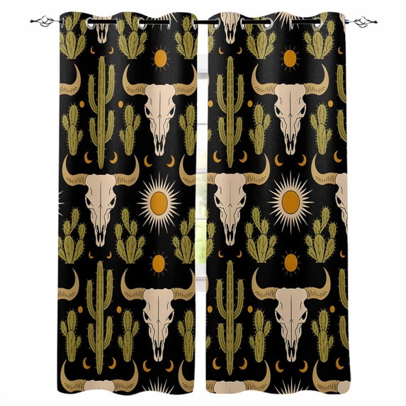 Western Cowboy Blackout Curtains for Bedroom Living Room Darkening Curtains 54 Inch Long Boho Ethnic Cow Head Cactus Vintage Short Curtain for Small Window Treatment Grommet Drapes 52"x54"x2