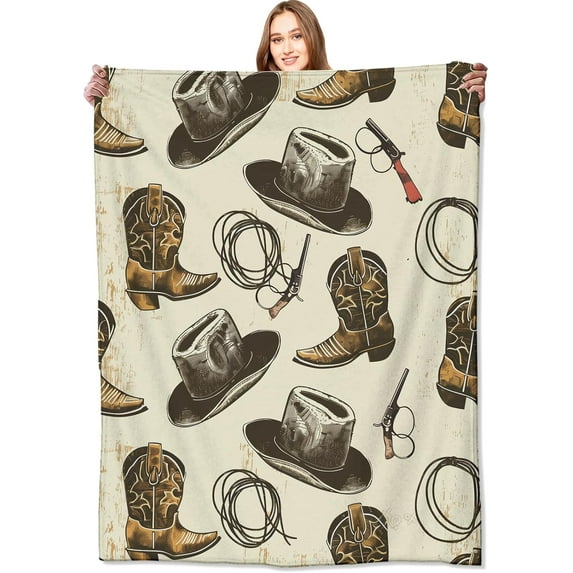 Western Cowboy Blanket Classic Hats, Boots, and Lasso Throw Blankets,Birthday Gifts for Kids Adult,Lightweight Soft Fleece for Sofa Couch Bed Room Travel Decor 60x80in