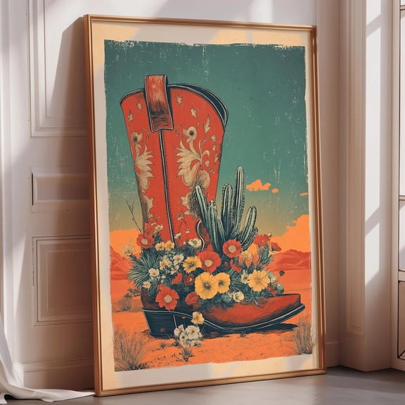 Western Cowboy Boot Flower Wall Art Print, Retro Southwestern Desert Poster, Vintage Cowboy Core Illustration, Rustic Boho Wall Decor Unframed Paper Print