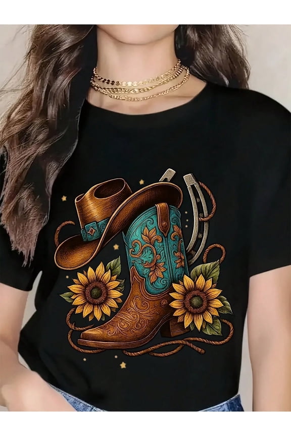 Western Cowboy Boot Hat And Sunflower T-Shirt For Women - Country Western Style Graphic Tee With Horseshoe And Floral Design, Perfect For Cowgirl Fashion, Rodeo Events, And