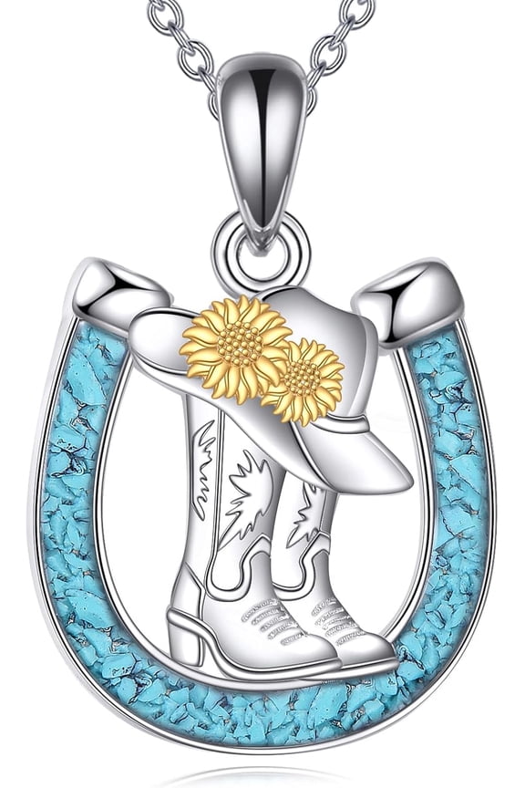 Western Cowboy Boot Horseshoe Necklace S925 Sterling Silver Horseshoe Pendant Necklace Turquoise Western Jewelry Cowgirl Gifts for Women Female Girlfriend Cowboy Cowgirl