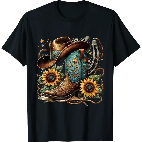 Western Cowboy Boot Horseshoe Sunflower Rope Cowgirl Boot T-Shirt tee