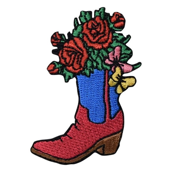 Western Cowboy Boot - Red Roses/Flowers - Iron on Applique/Embroidered Patch