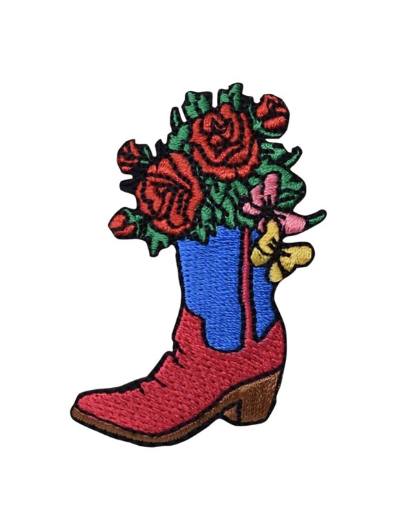 Western Cowboy Boot - Red Roses/Flowers - Iron on Applique/Embroidered Patch