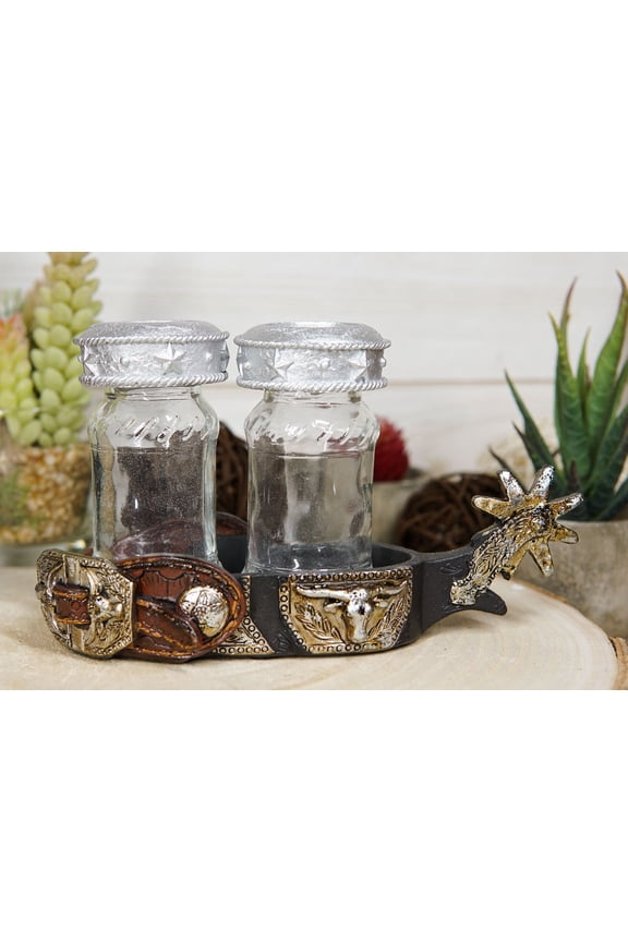 Western Cowboy Boot Spur Longhorn Concho Faux Leather Salt Pepper Shakers Set