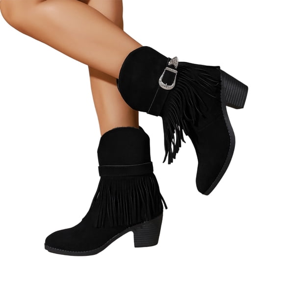 Western Cowboy Booties, Women's Suede Tassel Chunky Block Heel Ankle Boots Fashion Elegant Round Toe Low Heel Booties With Adjustable Buckle Comfort Casual Slip On Dress Short Boots, Black US-6/EU-36