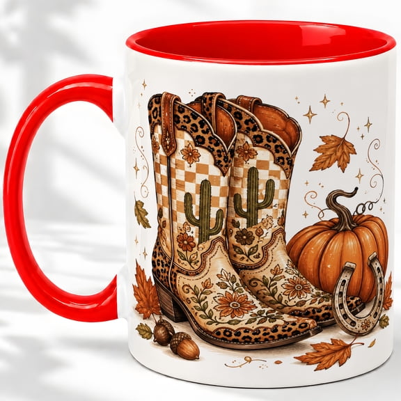 Western Cowboy Boots 11oz Ceramic Mug, Fall Cactus Pumpkin Design Ceramic mug with cowboy boots, cactus, pumpkin, horseshoe, and autumn leaves for coffee or tea