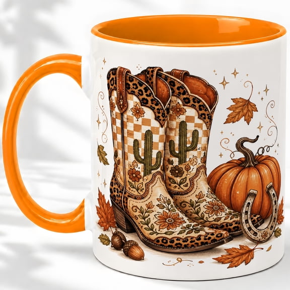 Western Cowboy Boots 11oz Ceramic Mug, Fall Cactus Pumpkin Design Ceramic mug with cowboy boots, cactus, pumpkin, horseshoe, and autumn leaves for coffee or tea