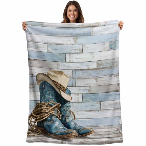 Western Cowboy Boots Blanket Soft Cozy Warm Throw Blanket for Couch, Plush Fuzzy Flannel Fleece Blankets for Sofa, Vintage Country Blue Wooden Bed Blankets Lightweight Gifts for Women, 30"x40"