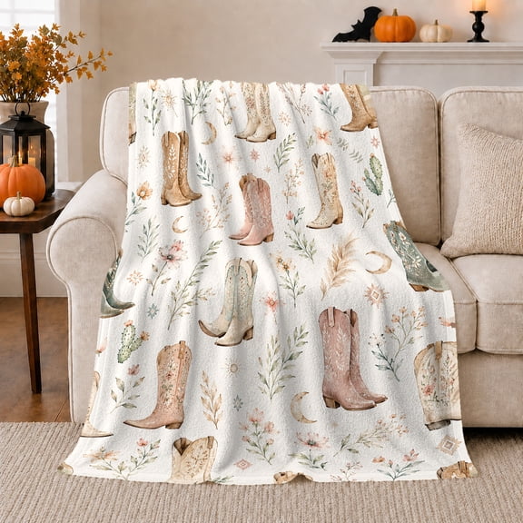Western Cowboy Boots Cactus Botanical Art, Rustic Botanical Portrait, Warm Flannel Blanket for Sunroom and Reading Nook, Celestial Art Lovers Housewarming Gift, Rustic Home Decor