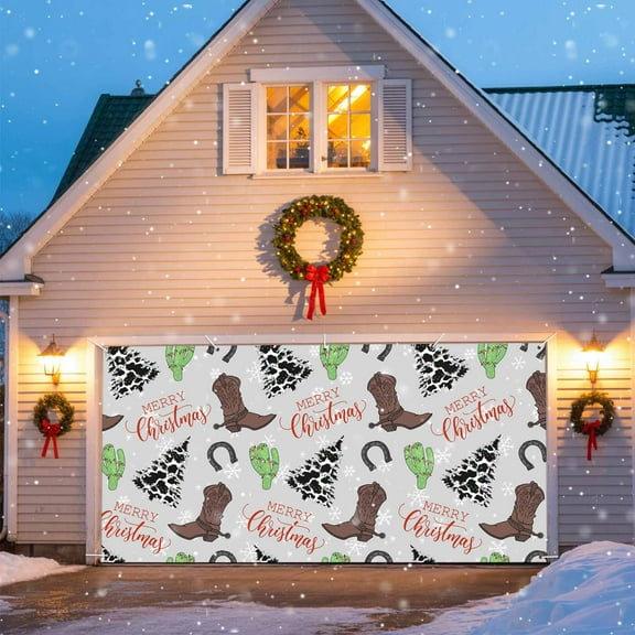 Western Cowboy Boots Christmas Garage Door Decorations, 6.9x8ft Garage Door Cover Banner with Grommets, Outdoor Garage Door Backdrop Mural for Holiday Party Wall Decor, Western Cowboy Boots Cactus