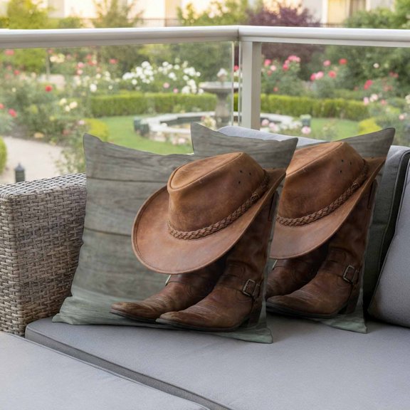 Western Cowboy Boots Hat Waterproof Throw Pillow Covers Set of 2 Farm Wooden Plank Outdoor Cushion Cover Pillow Protector Decorative Pillowcases for Bed Sofa Couch