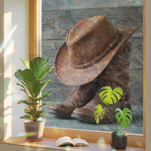 Western Cowboy Boots Hat Window Privacy Film, Rainbow Film Decorative Window Sticker 17.7x39.3in, Farm Wooden Plank Sun Blocking Static Stained Glass Cling Tint Non-Adhesive