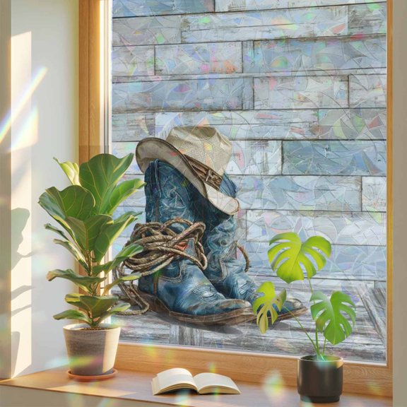 Western Cowboy Boots Hat Window Privacy Film, Rainbow Film Decorative Window Sticker 17.7x39.3in, Vintage Blue Wooden Board Sun Blocking Static Stained Glass Cling Tint Non-Adhesive