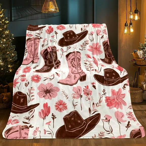Western Cowboy Boots & Hats Print Flannel Blanket Soft Pink Brown Cowgirl Design with Horseshoe Cactus Patterns Lightweight All Season Throw for Bed Sofa Camping Travel Pink Cowboy Boots