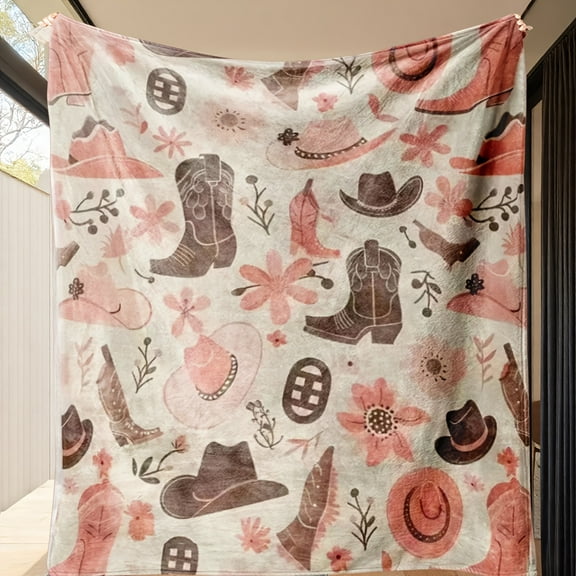 Western Cowboy Boots and Horseshoe Pattern Flannel Blanket - Decorative Lightweight Warm Blanket with Cowboy Boot Design for Western Theme, Suitable for Home, Office, and Outdoor Use
