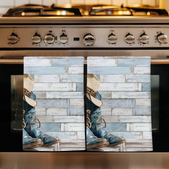 Western Cowboy Boots Kitchen Towels Set of 3, Vintage Country Blue Wooden Absorbent Dish Towels for Kitchen, Microfiber Hand Towel, Quick Drying Tea Towel for Cleaning Decorative Dishcloths
