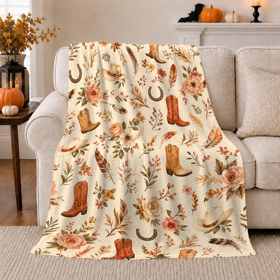Western Cowboy Boots Roses Fall, Rustic Farmhouse Horse Scene, Warm Flannel Blanket for Ranch House and Living Room, Horse Lovers Thanksgiving Gift, Rustic Home Decor