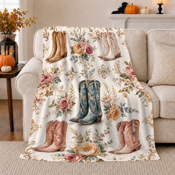 Western Cowboy Boots Roses Romantic Ranch Nostalgic Country, Cozy Friendship Quote Scene, Warm Flannel Blanket for Living Room and Reading Nook, Art Lovers Appreciation Gift, Artistic Home Decor