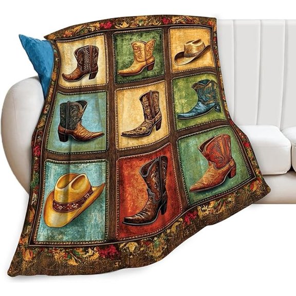 Western Cowboy Boots Sherpa Blanket, Multicolor Fleece Throw
