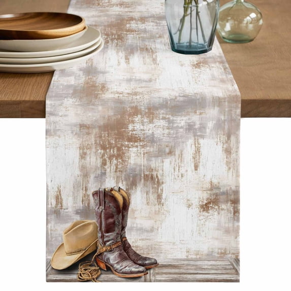 Western Cowboy Boots Table Runner 108 Inches, Vintage Country Brown Wooden Bed Runner Dresser Scarves Tabletop for Indoor Outdoor Parties/Ceremony/Banquet, 13"x 108"