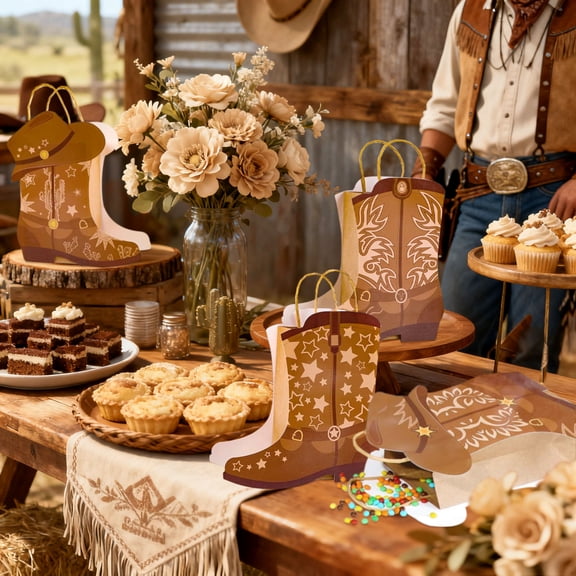 Western Cowboy Boots Theme Paper Bags - 4PCS Retro Decorative & Storage Set for Western Party Decor