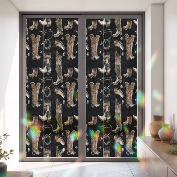 Western Cowboy Boots Window Privacy Film,Decorative Windows Static Cling Farm Vintage Shoes on Black Heat Control Removable Glass Sticker for Home Bathroom Bedroom Window Door,35x79in