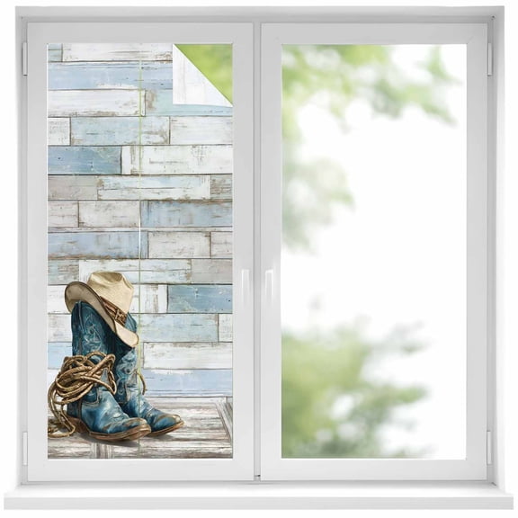 Western Cowboy Boots Window Privacy Film, Vintage Country Blue Wooden Static Cling UV Sun Blocking Heat Control Window Tint Day and Night, Non-Adhesive One Way Windows Privacy Cover 19.6''x39.3''