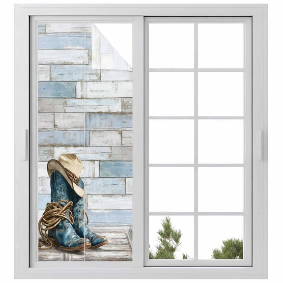 Western Cowboy Boots Window Privacy Film, Vintage Country Blue Wooden Static Cling UV Sun Blocking Heat Control Window Tint Day and Night, Non-Adhesive One Way Windows Privacy Cover 23.6''x59''
