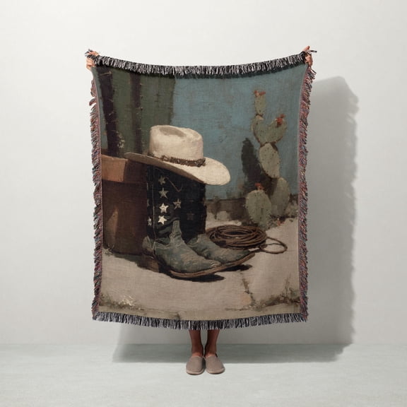 Western Cowboy Boots and Hat Woven Throw Blanket, Cotton with Fringed Edges for Rustic Home Decor