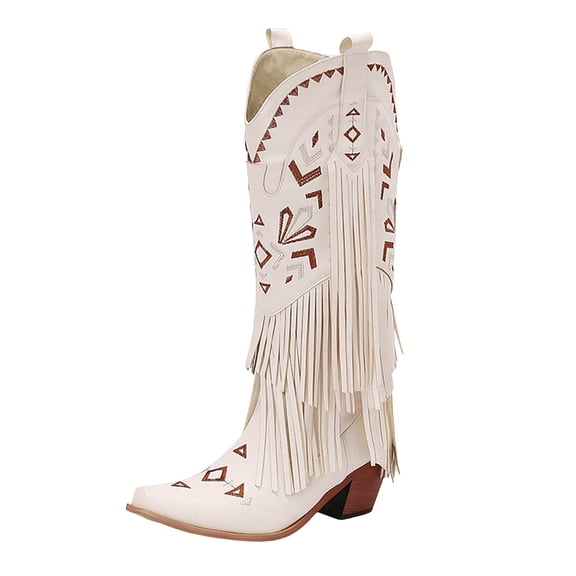 Western Cowboy Boots for Women Boho Tassel Fashion Leather Square Toe Wide Mid Calf Cowgirl Booties Knee High Tall Knight Riding Boots