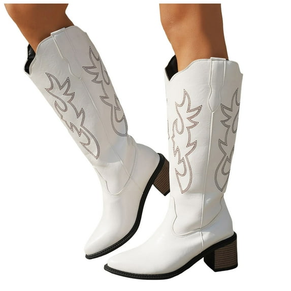 Western Cowboy Boots for Women Embroidered Knee High Cowgirl Boots Ladies Chunky Heel Fashion Retro Classic Tall Boot