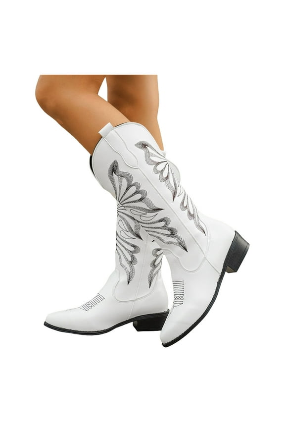 Western Cowboy Boots for Women Embroidered Knee High Cowgirl Boots Ladies Chunky Heel Fashion Retro Classic Tall Boot