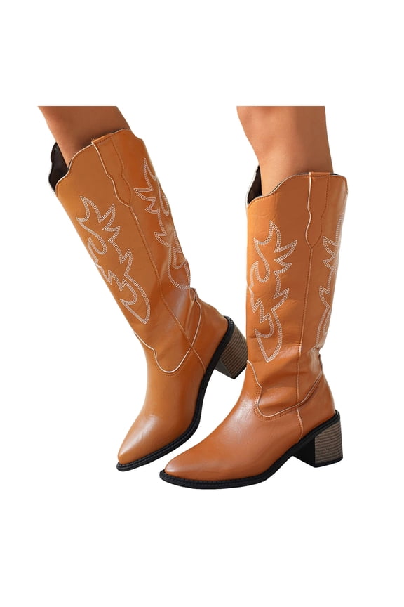 Western Cowboy Boots for Women Embroidered Knee High Cowgirl Boots Ladies Chunky Heel Fashion Retro Classic Tall Boot