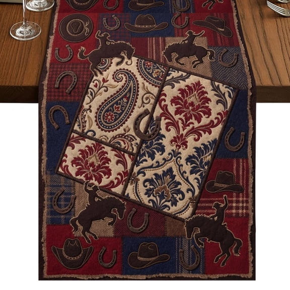 Western Cowboy Burlap Cotton Table Runner 13x48 Inches Long, Country Horse Hat Horseshoe Retro Red Farmhouse Table Runners, Outdoor Dining Table Decor for Baby Shower/Party/Wedding