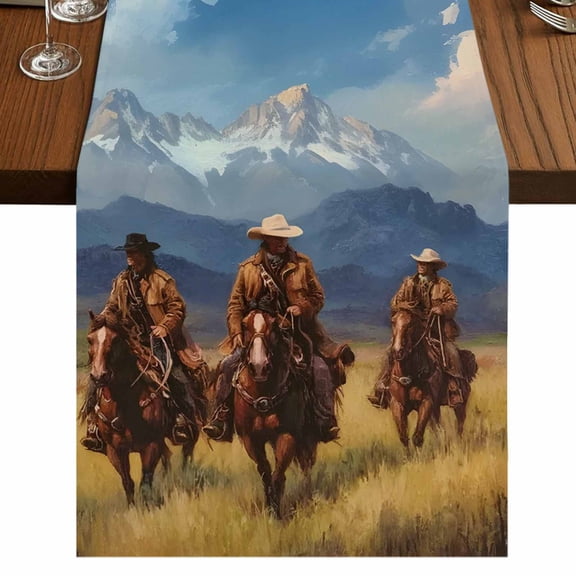 Western Cowboy Burlap Cotton Table Runner 13x48 Inches Long, Mountain Sky Grass Nature Scenery Farmhouse Table Runners, Outdoor Dining Table Decor for Baby Shower/Party/Wedding