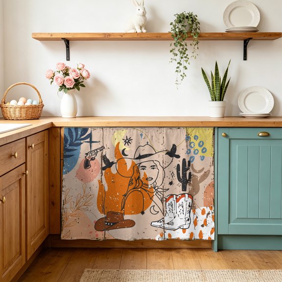 Western Cowboy Cabinet Curtains 10" W x 11" L Cowgirl Cactus Retro Vintage Beige Waterproof Adhesive Kitchen Under Sink Curtain Dust-Proof Dishwasher Skirt for Closet
